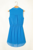 Blue Half Buttons Collared Elastic Waist Sleeveless Shirt Dress