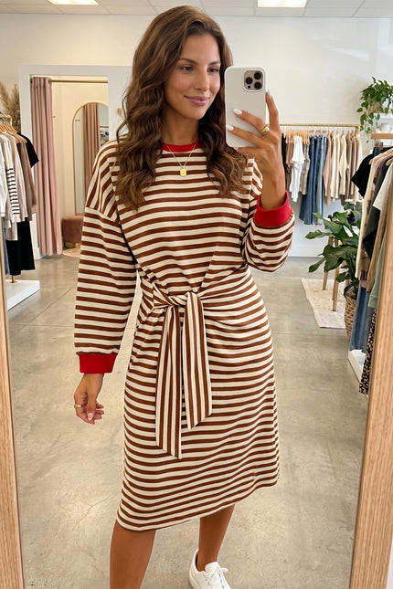 Brown Stripe Striped Colorblock Cuffs Round Neck Long Sleeve Shift Dress