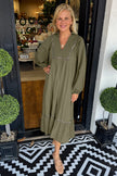 Green Collared V Neck Smocked Detail Contrast Leopard Trim Long Dress