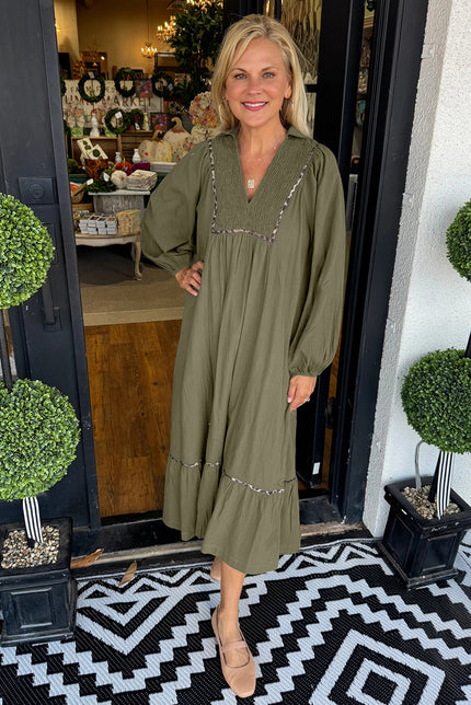 Green Collared V Neck Smocked Detail Contrast Leopard Trim Long Dress
