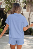 Light Grey Collared V Neck Tee Drawstring Elastic Waist Shorts 2pcs Outfit