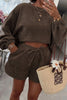 Dark Brown Textured Knit Drop Shoulder Pullover Drawstring Shorts Set