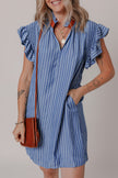 Sky Blue Stripe Frilly Split Neck Shirred Ruffle Sleeve Mini Shift Dress