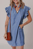Sky Blue Stripe Frilly Split Neck Shirred Ruffle Sleeve Mini Shift Dress