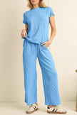 Bright Pink Solid Corded Short Sleeve T Shirt and Wide Leg Pants Set