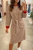 Brown Stripe Striped Colorblock Cuffs Round Neck Long Sleeve Shift Dress