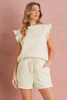 White Plain Bow Jacquard Ruffle Sleeve Shorts Set