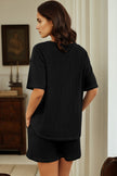 Black Solid Color Waffled V Neck Loose Tee Drawstring Shorts Set