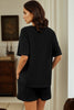 Black Solid Color Waffled V Neck Loose Tee Drawstring Shorts Set