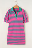 Pink Stripe Collared Puff Sleeve Pop of Color Neckline T Shirt Dress