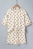 White Polka Dot Short Sleeve Loose Top Drawstring Shorts Set