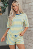 Rose Stripe Drop Shoulder Boxy Casual Terry Short Set
