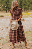Red Vintage Plaid Knot Front Smocked High Waist Midi Dress
