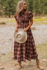 Red Vintage Plaid Knot Front Smocked High Waist Midi Dress