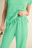 Bright Pink Solid Corded Short Sleeve T Shirt and Wide Leg Pants Set