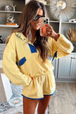 Navy Blue Colorblock Patchwork Half Button Pullover and Shorts Outfit
