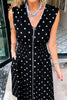 Brown Polka Dot Print Contrast Trim V Neck Zip Up Sleeveless Dress