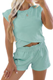 Yellow Cream Solid Short Sleeve Elastic Waist Pocket Casual Two Piece Short Set
