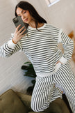 White Stripe Ruffle Trim Drop Shoulder Top Drawstring Loose Pant Set