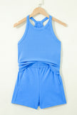 Sky Blue Slim Tank Top Elastic High Waist Shorts 2pcs Outfit