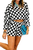 Pink Plaid Checkered Long Sleeve Crop Top Elastic Waist Shorts Two Piece Set