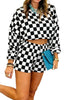 Pink Plaid Checkered Long Sleeve Crop Top Elastic Waist Shorts Two Piece Set