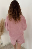 Dark Brown Textured Knit Drop Shoulder Pullover Drawstring Shorts Set