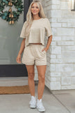 Sky Blue Solid Color Contrast Textured Patchwork Raw Edge 2pcs Short Set