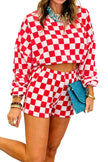 Pink Plaid Checkered Long Sleeve Crop Top Elastic Waist Shorts Two Piece Set
