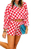 Pink Plaid Checkered Long Sleeve Crop Top Elastic Waist Shorts Two Piece Set