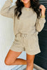 Brown Stripe Textured Knit Long Sleeve Top Elastic Waist Shorts Casual Outfit