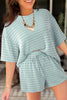 Rose Stripe Raised Rib Loose Tee Drawstring Elastic Waist 2pcs Short Set