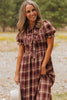 Red Vintage Plaid Knot Front Smocked High Waist Midi Dress