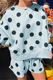 Beige Polka Dot Print Drop Shoulder Pullover Drawstring Shorts Set