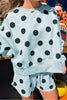 Beige Polka Dot Print Drop Shoulder Pullover Drawstring Shorts Set