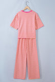 Yellow Stripe Colorblock Trim Crew Neck Loose Tee Drawstring Elastic Waist 2pcs Pant Set
