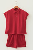 Mist Blue Loose Polo Tee Elastic Waist 2pcs Short Set
