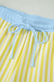 Yellow Stripe Colorblock Trim V Neck Tee Drawstring Elastic Waist Short Set