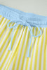 Yellow Stripe Colorblock Trim V Neck Tee Drawstring Elastic Waist Short Set