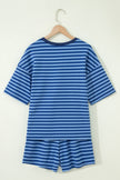 Green Stripe Striped Ribbed Cotton Two-Piece Pant Set with Chest Patch Detail