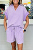 Sky Blue Striped Dolman Sleeve Pullover and Drawstring Shorts Set
