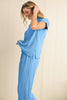 Bright Pink Solid Corded Short Sleeve T Shirt and Wide Leg Pants Set