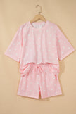 White Polka Dot Short Sleeve Loose Top Drawstring Shorts Set