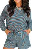 Brown Stripe Textured Knit Long Sleeve Top Elastic Waist Shorts Casual Outfit