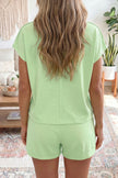 Mist Blue Loose Polo Tee Elastic Waist 2pcs Short Set