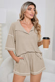 Light Beige-10 Breathable Waffle Color Block Trim 2pcs Casual Short Set