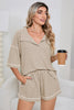 Light Beige-10 Breathable Waffle Color Block Trim 2pcs Casual Short Set