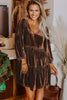 Chicory Coffee Solid Color Velvet V Neck Long Sleeve Tiered Mini Dress