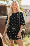 White Polka Dot Short Sleeve Loose Top Drawstring Shorts Set