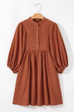 Gold Flame Light Snap Button Empire Waist Lantern Sleeve Corduroy Dress